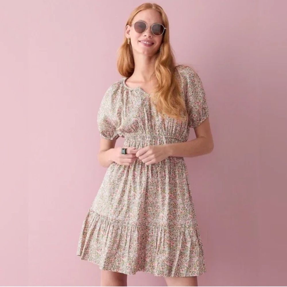 JCrew Cinched waist puff-sleeve dress scattered blooms Pink Green floral small